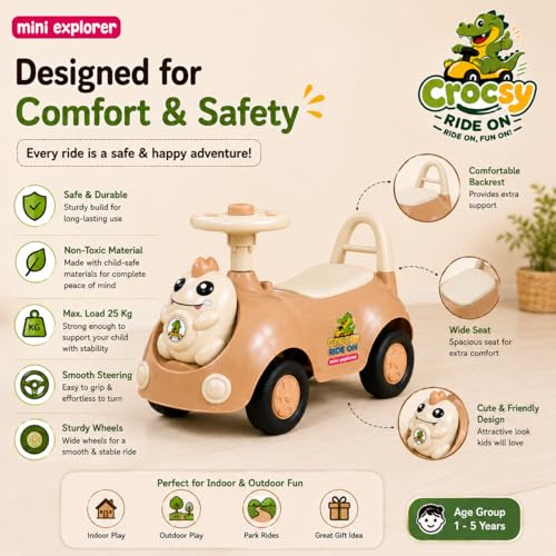 Image of MiniExplorer Crocsy Wiggle Car for Kids Age 1-5 Years, Twisting Swing Magic Car with Silent Wheels, Anti-Rollover Ride On Toy for Boys & Girls, Shockproof Yoyo Car - Brown