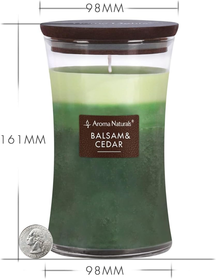 Aroma Naturals Velas perfumadas de 3 capas, Vela grande de 21.52 oz con reloj de arena, Vela de cera de soja natural, quema hasta 100 horas (Bálsamo y Cedro)