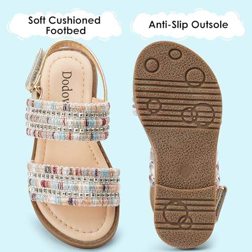 Image of Dodow Girls Sandals Open Toe Hook and Loop Flat Dress Sandals Summer Shoes for Toddler Little Kid