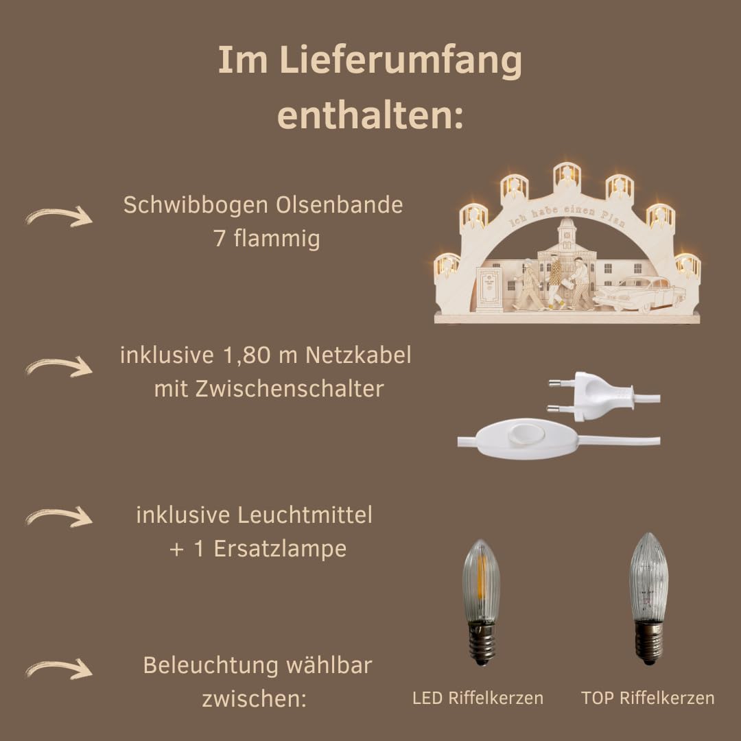 weigla - Schwibbogen original Erzgebirge I Lichterbogen Weihnachten I Motiv Olsenbande I 7 Lampenkerzen + 1 Ersatzlampe I 7 x 34 V, 3 W, E10 I beleuchtete Weihnachtsdeko innen I Ganzjahresdeko