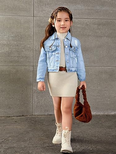Image of WDIRARA Toddler Girl's Collared Long Sleeve Button Front Ripped Denim Shirt Jacket