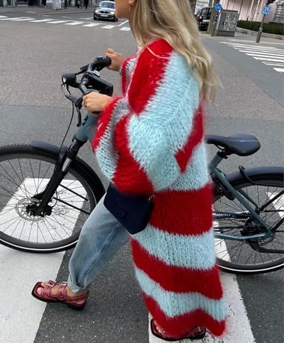 Image of Womens Color Block Striped Cardigan Sweaters Loose Knitted Long Open Front Cardigans(-Red-S)