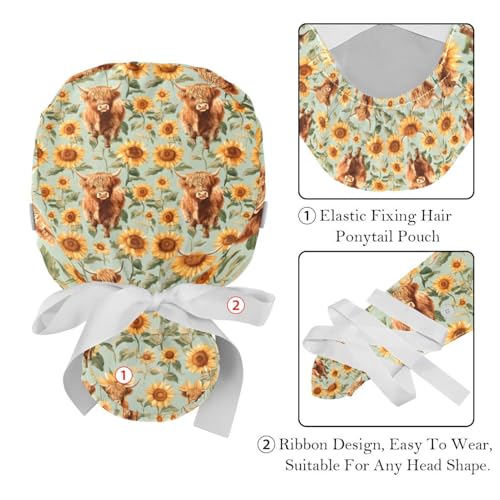 Image of 2 PCS Bouffant Cap with Button Ponytail Pouch Working Cap Sweatband Adjustable Surgical Cap Black and White Cow