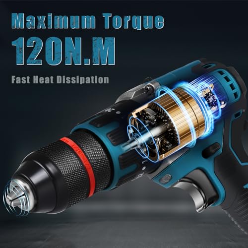 Akku Bohrschrauber kompatibel mit Makita 18V Akku, 1350RPM Bürstenloser Schlagbohrer mit 20+3 Kupplung, 120N.m Drehmoment, 13mm Bohrfutter, Schraubendreher und Bohrer Set für Haus und DIY – Bild 5