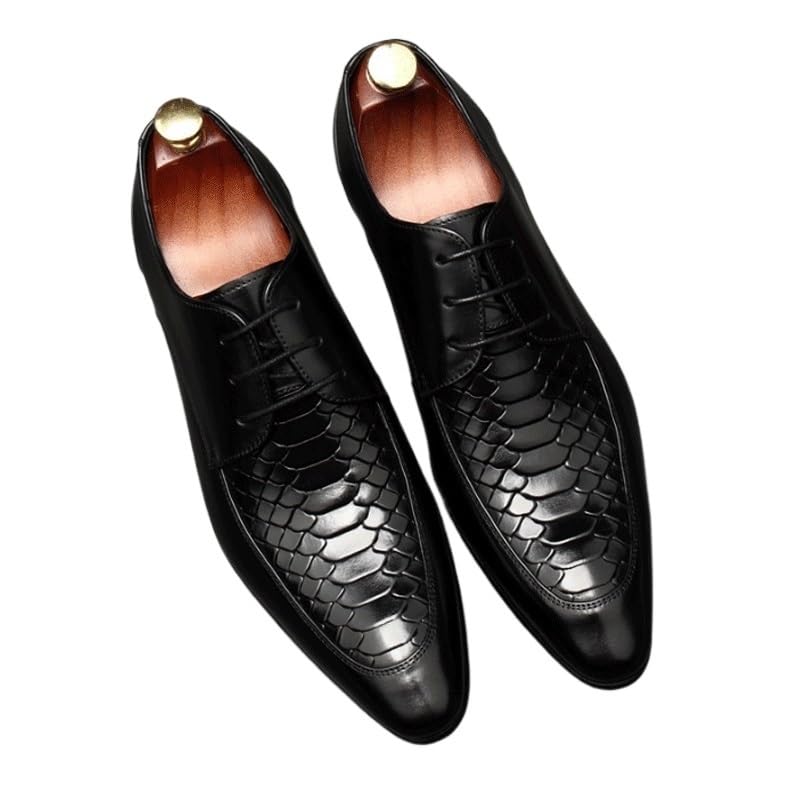 Men's Vintage Crocodile Print Strap Slip On Dress Shoes Pointed Toe Lace up Comfort Breathable Chunky Heels Shoes for Business Work Dating