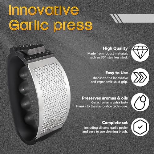 Knoblauchpresse Wippe,Knoblauchpresse Edelstahl Multifunktional Garlic Press mit Silikonschäler und Reinigungsbürste Knoblauchwippe Spülmaschinenfest, Perfekt für Knoblauch, Ingwer und Mehr