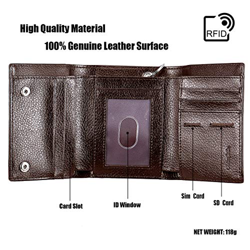 ManChDa Gifts for Fathers Day Multiple Pop up Multi-functionTrifold Wallet -Slits Brown Small Size Leather Wallet Outer Pocket RFID Blocking with one Removable Chain and Gift Box4