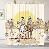 KOMLLEX Western Cowboy Shower Curtain 60Wx72H Inch Farmhouse Country Shower Curtain for Bathroom Vintage Primitive American Cowboy Riding Horses Bath Accessories Beige Wild West Desert Art Home Decor