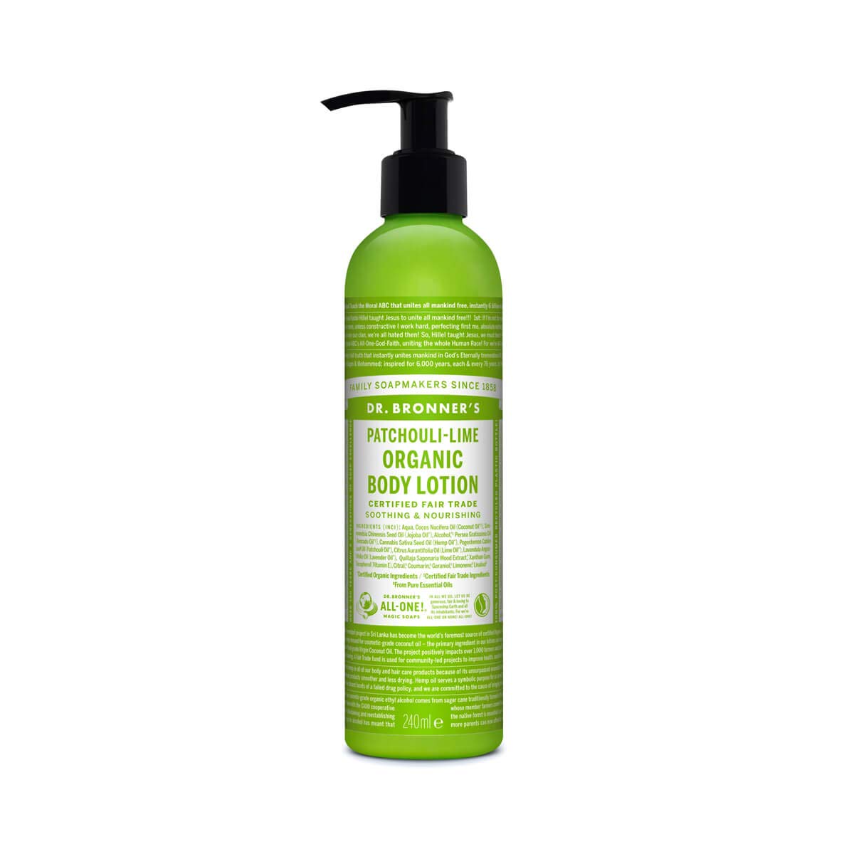Dr Bronner's 3-in-1 Patchouli & Lime Organic Hand and Body Lotion, Made with Organic Oils, Used for Hands, Face and Body, Certified Fair Trade & Vegan Friendly, 236ml Recycled Pump Bottle