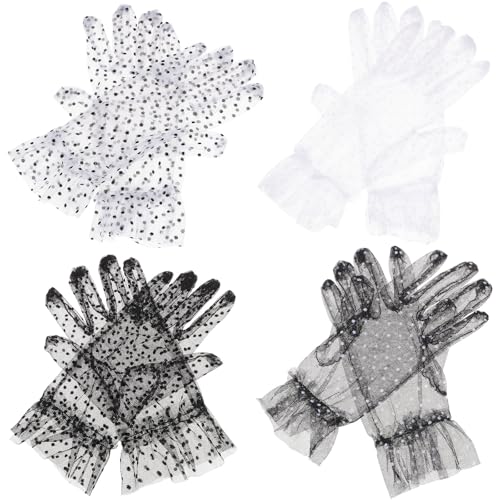 VANZACK 4 Pares de Guantes Cortos de Encaje para Mujer Guantes de Malla Lunares Cortos y Transpirables Accesorios para Bodas Fiestas y Protección Solar