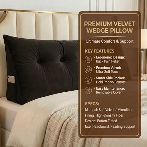Image of Luxury Velvet Tufted Wedge Pillow with Side Pocket - Soft Headboard Back Support Cushion for Bed, Sofa & Floor Seating - Brown Color