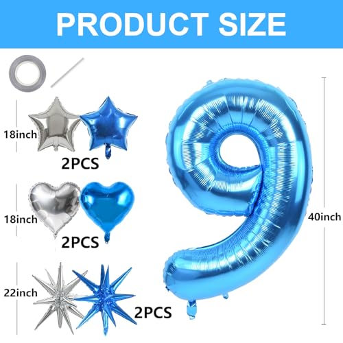 Image of TONIFUL 9th Birthday Balloons Kit 40 Inch Blue Large Number 9 Foil Balloon