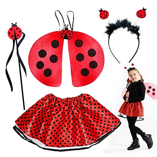 BARVERE Costume de coccinelle pour fille avec jupe en tulle, ailes, baguette magique et serre-tête, costume de coccinelle pour carnaval, carnaval, fête à thème Cover