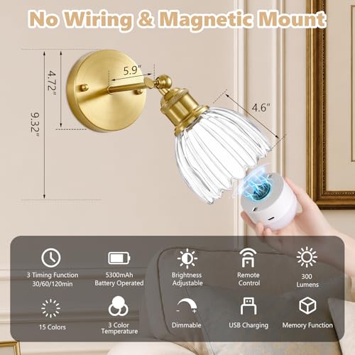 Image of Vintage Battery Operated Wall Sconce, Clear Tulip Glass Lampshade Wireless Rechargeable Battery Powered LED Wall Light with Remote Dimmable for Bedside Bedroom Living Room, Set of 2