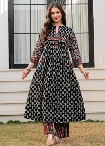 Image of Amayra Women's Pure Cotton Printed A-Line Kurta Set with Palazzo Pants & Dupatta- Ethnic Wear