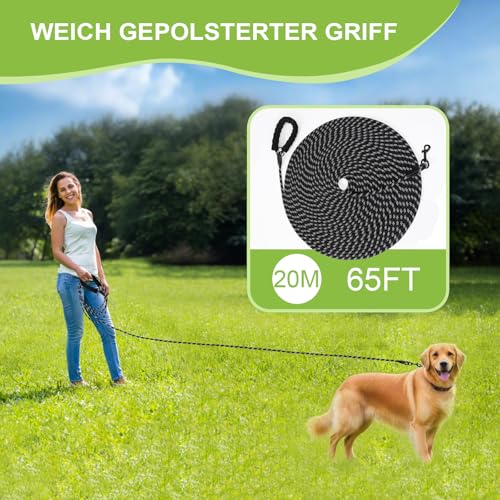 Reflektierend Schleppleine für Hunde, 20m Hundeleine mit Gepolsterten Griff und 2 Karabinerhaken,Starke Hundeleine Große Mittlere Hunde,5m 10m 20m Lang,Abschließbarer Karabiner (Schwarz, 20M X 9MM)