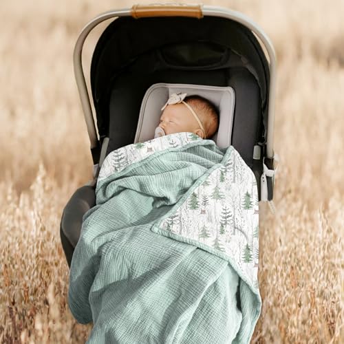 Image of lulumoon Muslin Baby Blanket for Unisex - Soft Cotton Receiving Blanket for Infant - 4 Layer Reversible Breathable Crib Bedding for Stroller and Nursery Decor 47 inchx47 inch (Green Forest Stump)