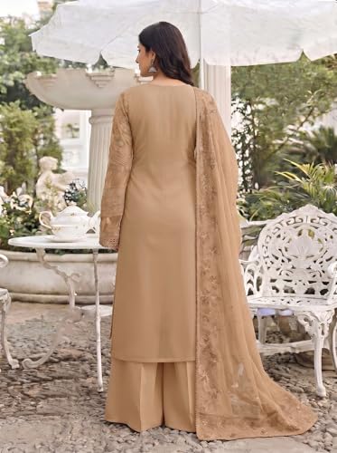 Image of RUDRAPRAYAG Women's Georgette Fabric Wih Embroidered Sequence Work And On Neck Moti Hand Work Semi Stitched Sharara Salwar Suit With Dupatta Set