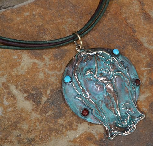 Elaine Coyne Collectible Artwear Verdigris Patina Art Nouveau Lady Floral Pendant Necklace - Turquoise and Jasper3
