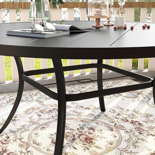 Image of VICLLAX 53 inch Outdoor Round Patio Table for Lawn Garden, All Weather Metal Round Patio Dining Table with Adjustable Umbrella Hole, Patio Table for 8 Person, Black Tabletop