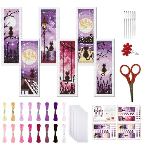 Image of FREEBLOSS 6 Set Cross Stitch Bookmarks Kit Cat in Night Stamped Cross Stitch Kit DIY Embroidery Bookmark Set with Instruction for Adults Beginners Gift for Reading Enthusiasts 8 * 2.4inch 11CT