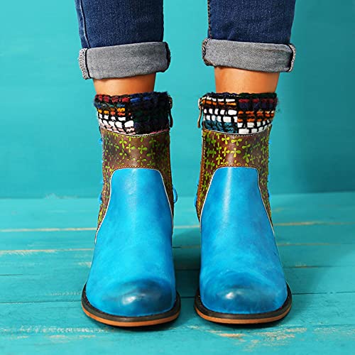 Hbeylia Vintage Boots For Women Ethnic Boho Leather Round Toe Lace Up Chunky Block Mid Heels Ankle Booties Bohemian Retro Steel Toe Dress Mid Calf Short Boots With Side Zipper For Ladies2