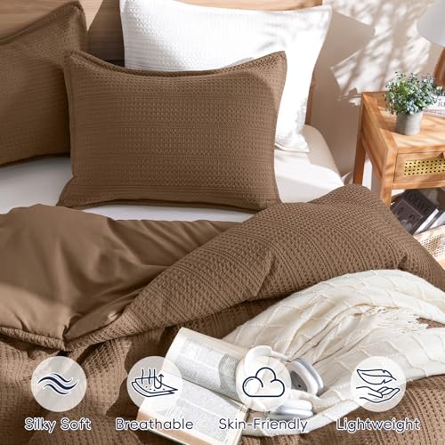 Image of PHF Soft Waffle Comforter Set King Size- Comfy Breathable Waffle Weave Comforter with 2 Pillow Shams, 3 Pieces Less Snagging Lightweight Textured Bedding Set for All Season, Mocha