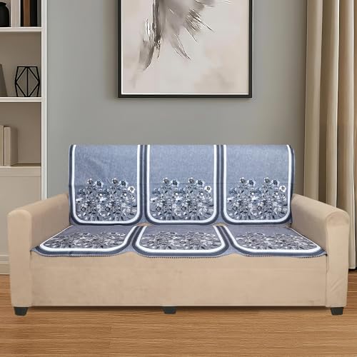 Image of Velvet 3 Seater Sofa Cover with 6 Seat and Back Covers - Floral Design - Washable Fabric - Stylish Sofa Cover for Modern Living Room (Grey, 3 Seater Without Arm Cover)