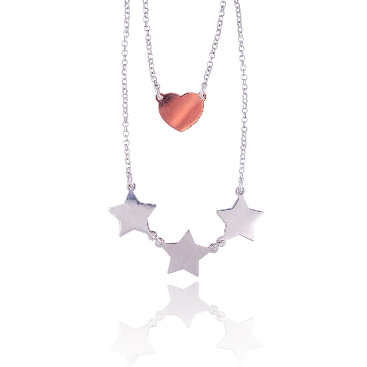 GIOIELLI COLLANA A PIù FILI COLLANA STELLINE STELLA SILVER ARGENTO 925 E CUORE. COLLANA CON STELLINE E CUORE COLLANA DONNA GIROCOLLO 42 CM