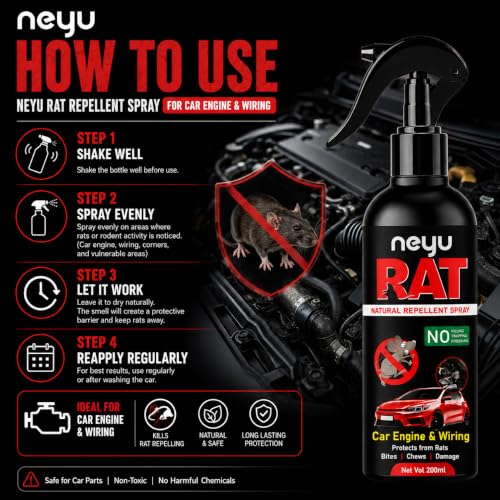 Image of NEYU Rat Repellent Spray for Car Engine & Wiring | Anti Rat Spray for Car, Bike & Home | Mouse & Rodent Protection | Natural Herbal Formula | Non Toxic | Chemical Free | 200ml (1 Piece)