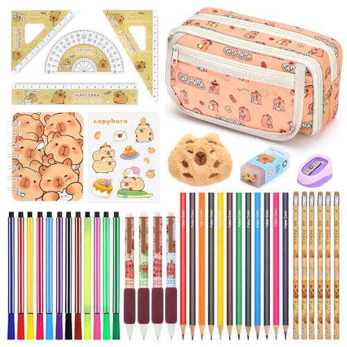 Osmikalo 44 Pezzi Set di Cancelleria Capibara, Astuccio Capibara con Scomparti, Materiale Scolastico con Righelli, Matite, Penne Gel, Pennarelli & Matite Colorate, Regalo Bambina & Bambine, Arancione