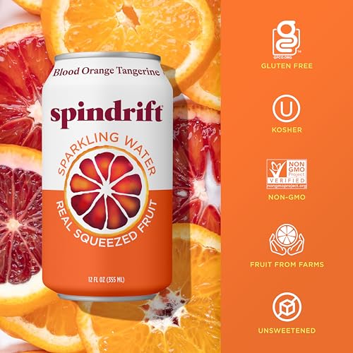 Image of Spindrift Sparkling Seltzer Water, Blood Orange Tangerine Flavored, Made with Real Squeezed Fruit, 12 Fluid Ounce Cans, Pack of 8 Cans
