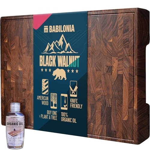 American Black Walnut Cutting Board - 15.7 x 10.2 Inch (ExtraThick 1.7') Premium Quality & Professional Butcher Block. Heavy Duty End Grain Wood Chopping Board (Oil & Plate Included)