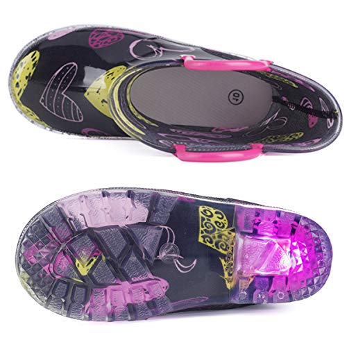 Hugrain Kids Girls Rain Boots Toddler Light Up Printed Waterproof Shoes Lightweight Adorable Cute Pink Heart Rubber With Easy-On Handles And Insole (Size 13,Black) #TOP4