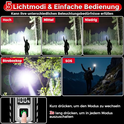 Shadowhawk 500000 Lumen Taschenlampe LED Aufladbar - Bis zu 1000m Reichweite, 24h Laufzeit mit 2 Akkus, LCD-Prozentanzeige Taktische Taschenlampen, Extrem Hell Flashlight für Camping, Wandern, Outdoor