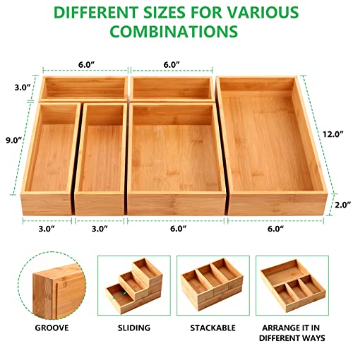 Maxgear Drawer Organizer 100% Bamboo Drawer Organizer Stackable 6-Pieces Wood Drawer Organizer, 18X12X2 Inches Multi-Use Desk Drawer Organizer With Various Sizes For Office, Kitchen, Bedroom, Bathroom #TOP4