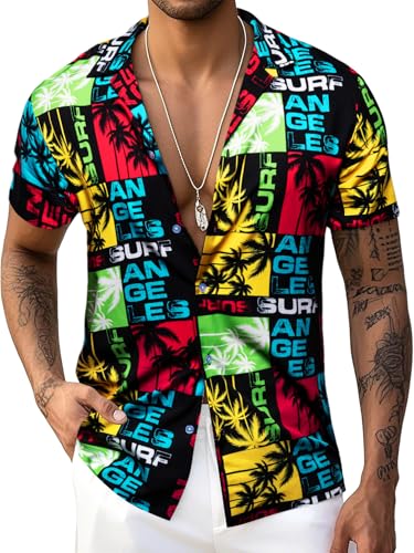Image of Barry.Wang Mens Hawaiian Shirts Short Sleeve Summer Funky Floral Cuba-Neck Holiday Beach Shirts Black S-3XL