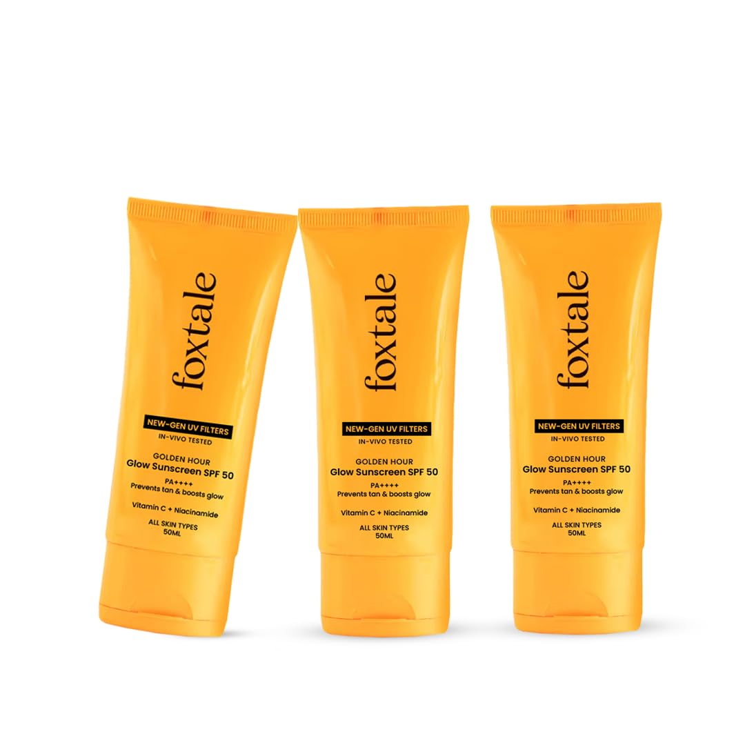 Foxtale Glow Sunscreen SPF 50 PA++++ with Vitamin C & Niacinamide, In-Vivo Tested, Sensitive-Skin Friendly, Made with 100% New-Gen Filters, Lightweight, Non-Greasy, No White Cast |For Men & Women | All Skin Types | Pack Of 3 | 150 Ml