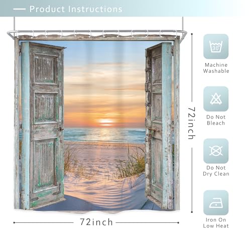 Image of Riyidecor Blue Beachy Shower Curtain,72Wx72H Inch Summer Beach Nautical Coastal Ocean,Rustic Barn Door Seashore Fabric Shower Curtains, Seaside Sunset Landscape Bathroom Decor Waterproof 12 Pack Hooks