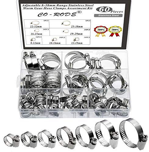 60PCS 8-38mm Range Adjustable Stainless Steel Worm Gear Hose Clamps Screw Assortment Kit