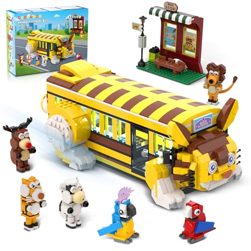 HOGOKIDS Kit de Construction de Bus Scolaire pour Chats avec éclairage - 1319 pièces Jouet Construction d'aventure en Bus Urbain avec 6 Animaux et Une Gare Mignon Lion Perroquets Tigre Blocs Ensemble