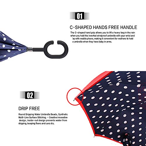 Image of MRTLLOA Double Layer Inverted Umbrella with C-Shaped Handle, Anti-UV Waterproof Windproof Straight Umbrella for Car Rain Outdoor Use (N-Red Dot)