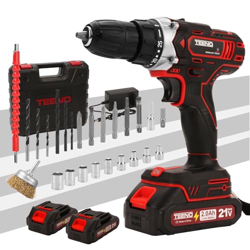 TEENO Perceuse Visseuse Sans Fil 21V avec Brosse antirouille métal,45 Nm Visseuse Devisseuse Sans Fil avec 2 Batteries 2.0Ah,25+1 Réglages de Couple,2...