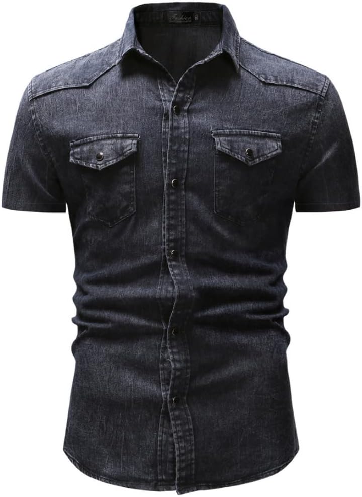 Kinkia Men's Button Down Denim Shirt Long Sleeve Lapel Collar Washed Jean Tops with Pockets