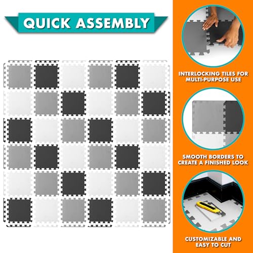 Image of ProSource Baby Play Mat, Soft Foam Floor Tiles for Kids, Interlocking EVA Panels for Playpen Use, Crawling Development Surface, Safe Non-Toxic Toddler Flooring, 36 Tiles, Black /Gray /White