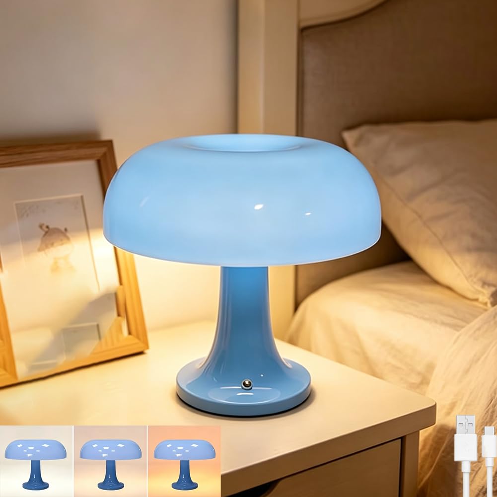 LOGT LED Mushroom Table Lamp Wireless, Battery Operated Mushroom Lamp USB Rechargeable Blue, Rechargeable Battery Table Light Dimmable Touch Switch, Portable, Bedside Lighting 3 Brightness Settings
