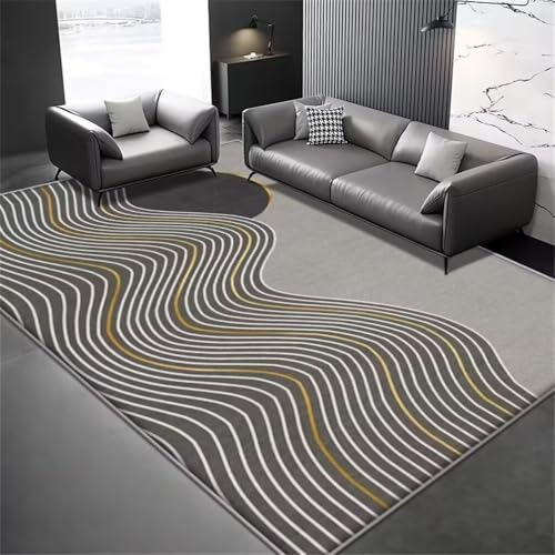 Tapis de cuisine lavable et salon abstrait gris aux rayures dorées - 2