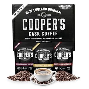 Wine Barrel Aged Coffee Gift Box Set, Sampler Roasted Coffee Costa Rica, Kenya, & Rwanda Beans Aged In Cabernet Sauvignon, Chardonnay, & Pinot Noir Wine Barrels, Medium Roast Whole Bean, 4 oz Bags, 12 oz Total