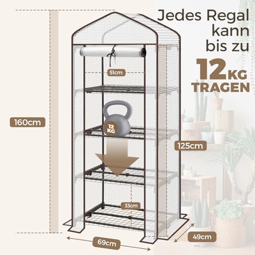 Sekey Mini Tomatengewächshaus mit 4 Regalböden, Folie Gewächshaus Klein Tomatenhaus Balkon Garten, Kleines Foliengewächshaus Stabil 160*70*50 cm, Weiß – Bild 3