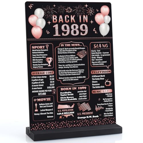 Jettryran 35th Birthday Decorations for Women, Happy Birthday Party Decor Supplies, Vintage-35 Years Old Anniversary 1989 Poster for Her Rose Gold Back in 1989 Acrylic Table Sign with Wooden Stand